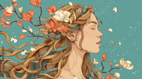 Stylized Female Profile with Long Brown Hair Adorned with Pink, White, and Orange Flowers on White Background