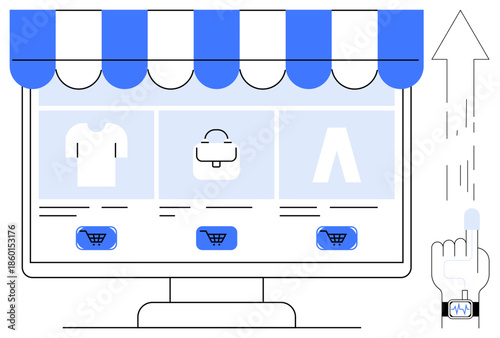 E-commerce, online stores, digital shopping, retail technology, web marketplace, customer interaction. Online storefront with shopping icons and wearable tech. E-commerce and online stores