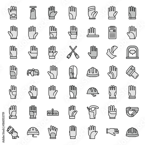 Collection of Various Safety and Protective Gloves and Helmets Icons, Vector Set with Outline Style