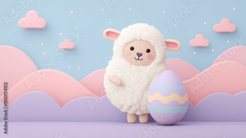 Cute cartoon lamb holding colorful Easter egg surrounded by vibrant foliage on purple background, celebrating spring and festive joy