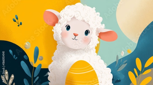 Cute cartoon lamb holding colorful Easter egg surrounded by vibrant foliage on purple background, celebrating spring and festive joy