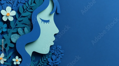 Paper-cut profile of woman with floral hair in warm yellow and orange tones, blending human form with botanical elegance and artistic texture