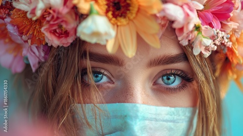 Close-up portrait with blue eyes, floral crown, and medical mask on blurred background, symbolizing resilience, beauty, and emotional contrast