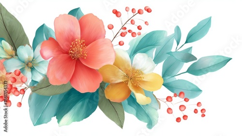 Digital floral illustration with coral, yellow, and blue flowers, green leaves, and red berries in elegant botanical composition on soft background