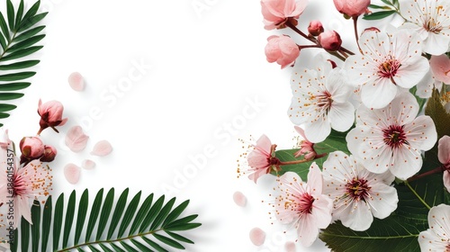 Digital floral illustration with coral, yellow, and blue flowers, green leaves, and red berries in elegant botanical composition on soft background