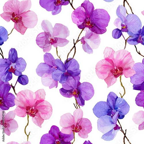 Seamless watercolor orchid pattern with pink, purple, and blue flowers on white background for textile, wallpaper, and decorative design