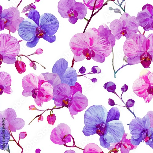 Seamless watercolor orchid pattern with pink, purple, and blue flowers on white background for textile, wallpaper, and decorative design