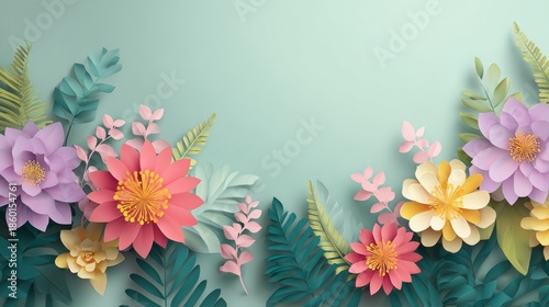 Paper-cut floral frame with colorful blossoms and leaves on pastel green background, ideal for decorative design, invitations, and seasonal themes