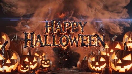 Happy Halloween Celebration with Glowing Jack O Lanterns and Fiery Background.