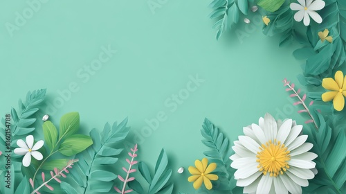 Paper-cut floral frame with colorful blossoms and leaves on pastel green background, ideal for decorative design, invitations, and seasonal themes