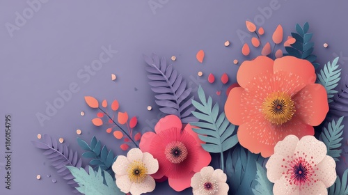 Paper-cut floral frame with colorful blossoms and leaves on pastel green background, ideal for decorative design, invitations, and seasonal themes