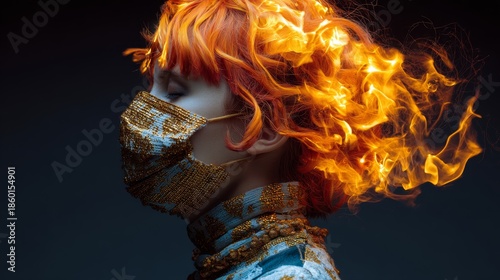 Surreal portrait of person with flaming orange hair, ornate mask, and dark background symbolizing transformation, intensity, and artistic expression