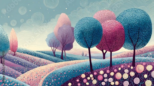 Whimsical forest landscape with pastel-colored trees, abstract hills, and dreamy sky in stylized digital illustration for creative design themes