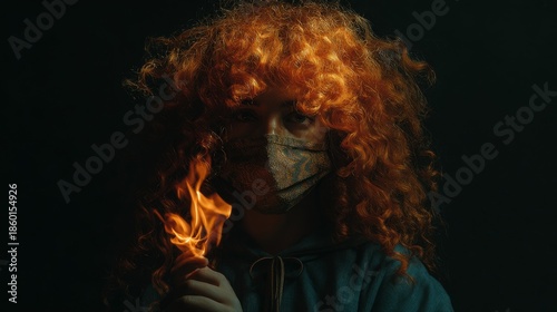 Surreal portrait of person with flaming orange hair, ornate mask, and dark background symbolizing transformation, intensity, and artistic expression