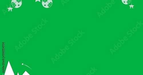 Animated Christmas baubles and stars over trees in a festive winter scene.