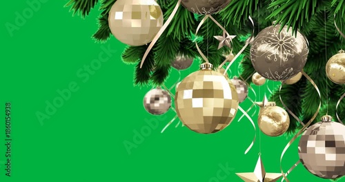 Digital animation of christmas bauble and star decoration on christmas tree against black background