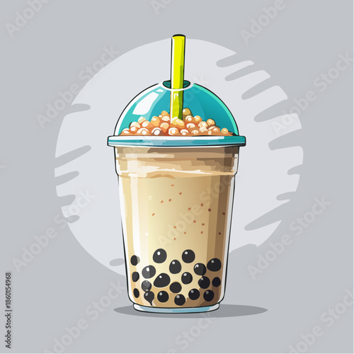 Illustration of a bubble tea drink with tapioca pearls and a straw in a plastic cup.