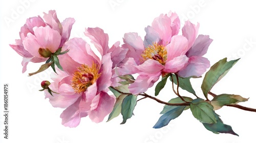 Watercolor painting of blooming pink peonies with green leaves in various stages of floral development on white background for botanical design
