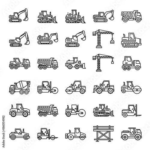 Collection of Construction Vehicles and Machinery Icons in Outline Style, Industrial Equipment Set for Projects