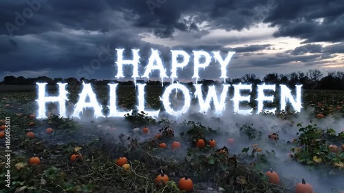 Happy Halloween Glowing Text Spooky Pumpkin Patch Night.