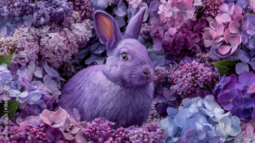 Purple rabbit surrounded by blooming lilac, lavender, and hydrangea flowers in vibrant fantasy setting for decorative and artistic design