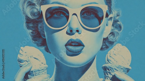 Surreal portrait of person with blue-painted skin and hands eating ice cream against monochromatic background for artistic design themes