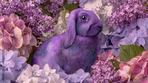 Purple rabbit surrounded by blooming lilac, lavender, and hydrangea flowers in vibrant fantasy setting for decorative and artistic design