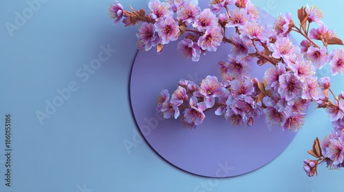 Watercolor illustration of blooming cherry blossoms with pink petals and reddish leaves on light beige background for spring design themes