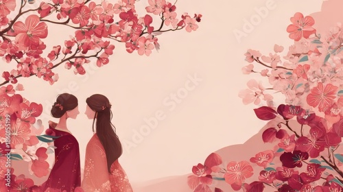 Watercolor illustration of blooming cherry blossoms with pink petals and reddish leaves on light beige background for spring design themes