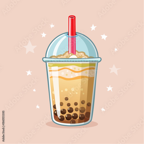 Illustration of a bubble tea drink with tapioca pearls and a red straw.