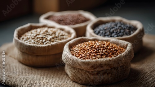 Four rustic burlap sacks overflowing with a variety of raw seeds and grains displayed on a natural textured surface