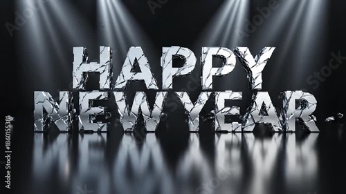 Happy New Year Shattered Glass Text with Dramatic Spotlights.