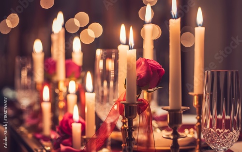 Romantic dinner setting with candles and roses