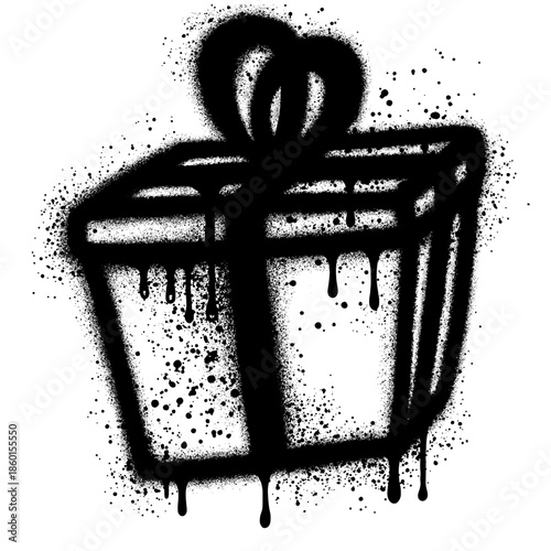 Gift box icon in graffiti style with black spray paint. Birthday gift box icon