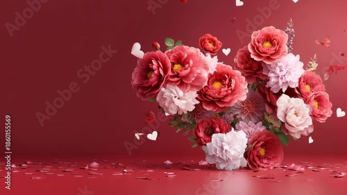Heart shaped explosion of roses and petals on red surface sends romantic love message with floating particles creating dreamy valentines celebration floral background for gifts and greetings