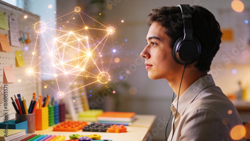 Young creative professional with headphones focused on complex task symbolizing neurodiversity and deep work flow