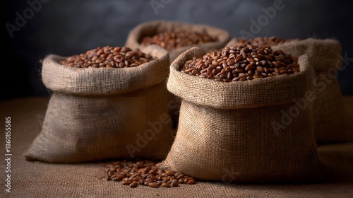 Rustic burlap sacks filled with raw coffee beans showcasing earthy tones and natural textures