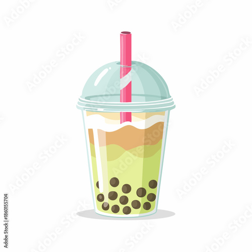 Illustration of a bubble tea drink with tapioca pearls and a pink straw.
