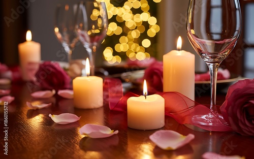 Romantic dinner setting with candles and wine glasses