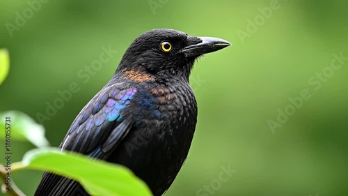 Iridescent black bird perched on a branch in a lush green environment.