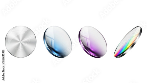 Collection of four circular optical lenses with different coatings and designs