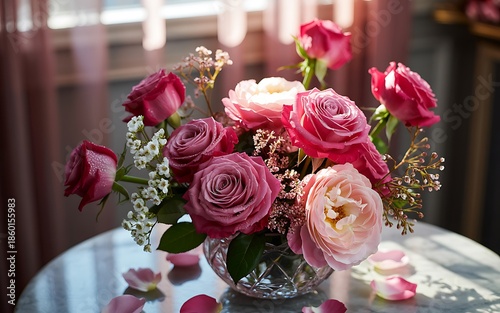 Elegant rose bouquet in crystal vase