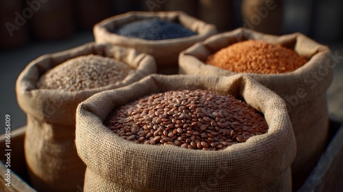 Four burlap sacks filled with diverse grains and seeds presented in earthy tones under soft light