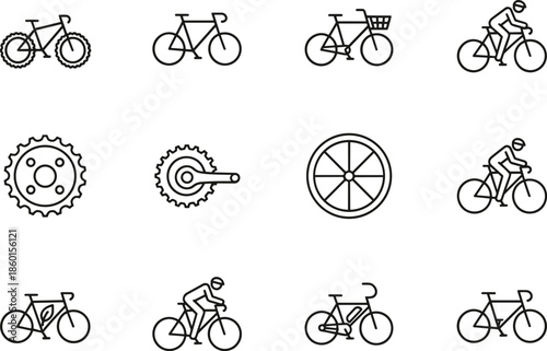 Bicycle icons, cycling symbols, mountain bike, road bike, eco bike, gear, crankset, wheel, rider, chain guard, ped