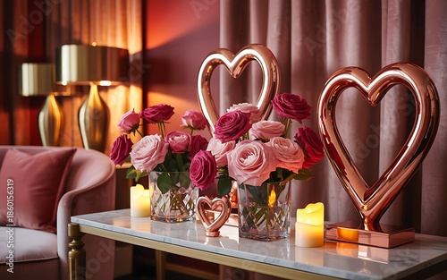 Romantic living room decor with heart-shaped roses and candles