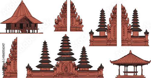 Balinese Architecture: A collection of exquisite traditional Balinese structures and temple designs. Displaying detailed artwork in the style.