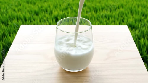 Pouring fresh milk into a clear glass on a wooden table with green grass background.