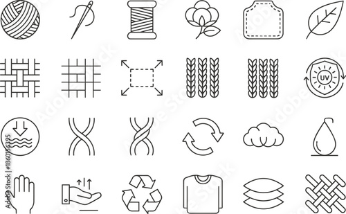 Textile icons, fabric properties, eco-friendly materials, clothing symbols, yarn, sewing, cotton, softness, waterproof, breathable, UV protection, natural fibers, 