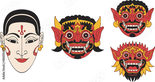 Balinese Mask Art: A vibrant collection of traditional Balinese masks, each adorned with intricate details and symbolic designs, reflecting the rich cultural heritage and artistry of the island.