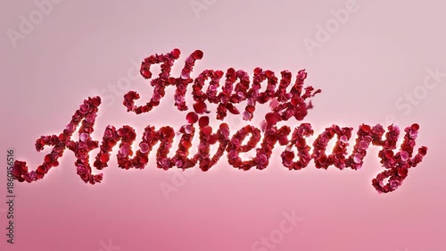 Romantic Happy Anniversary message with falling rose petals.
